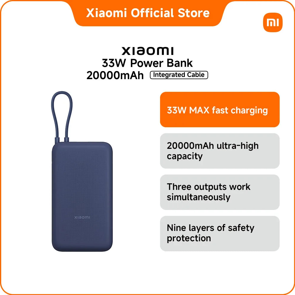 20000mAh Fast Charging Power Bank with Built-in Cable - Blue Blue 20000mah Tidesmit