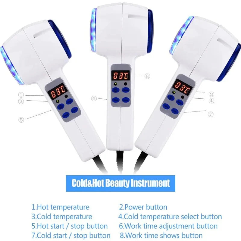 White and blue handheld face massager with a digital temperature display, buttons, and numbered functional indicators.