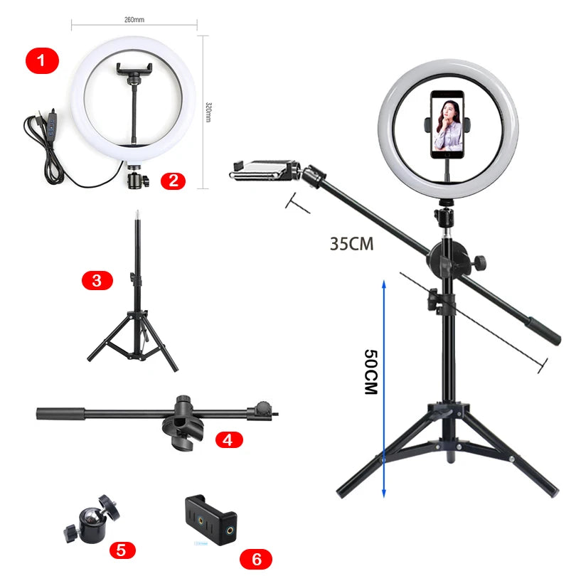 26cm LED ring light with adjustable tripod stand, phone holder, and crossbar for photography and video streaming.