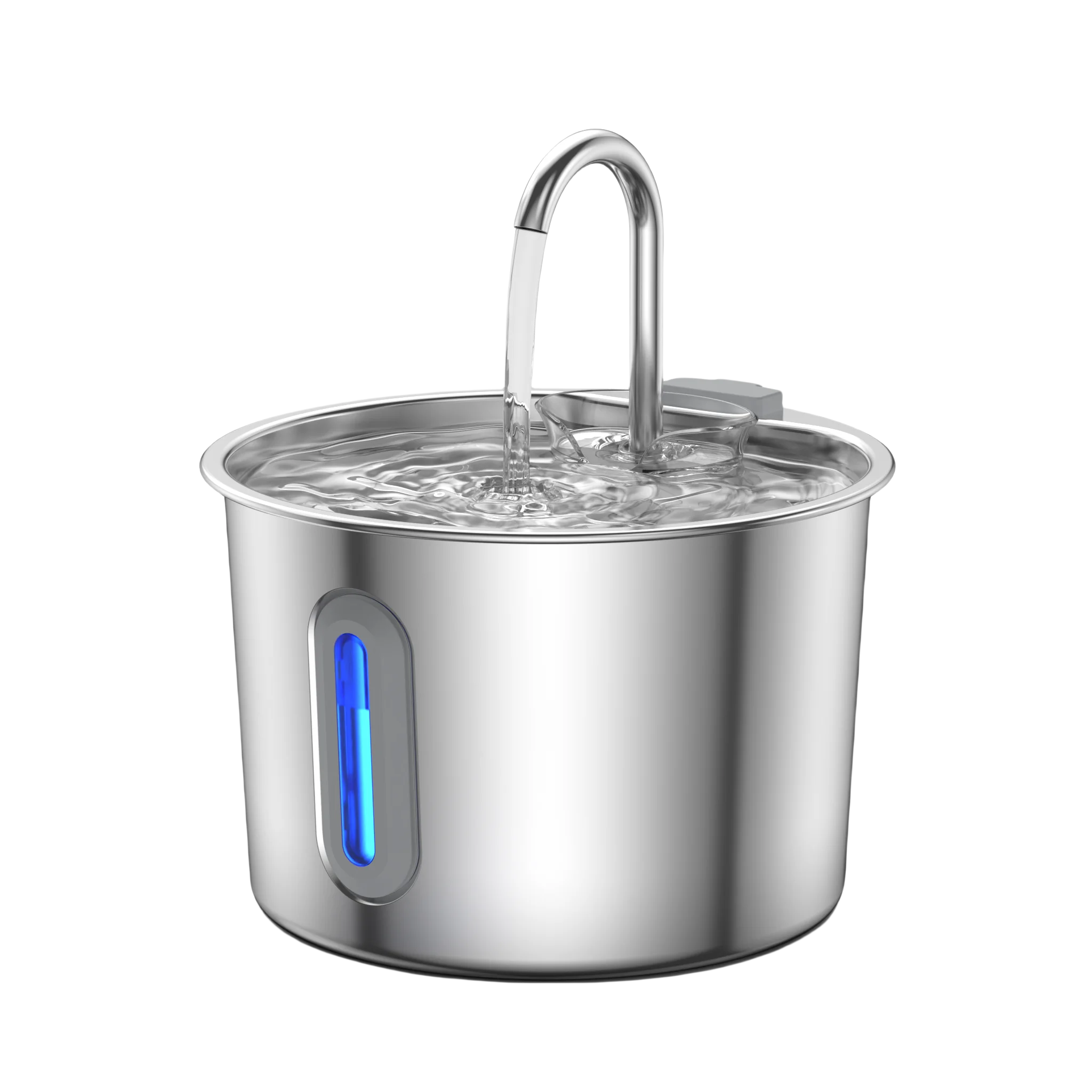 2.2L stainless steel automatic pet water fountain with filter and blue LED water level indicator for cats and dogs.