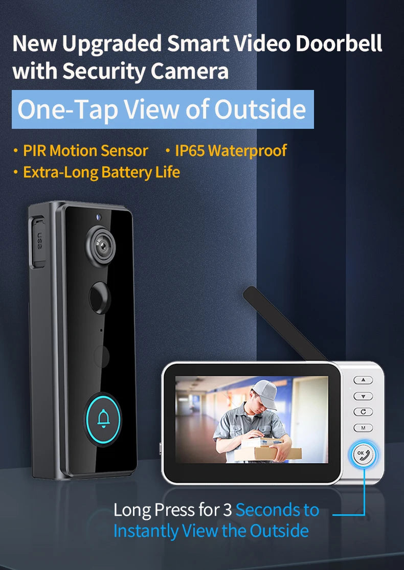 Waterproof 4000mAh Video Monitoring Doorbell 4.3 Inch IPS screen PIR motion sensor Two-way intercom 1080P Video Doorbell Camera