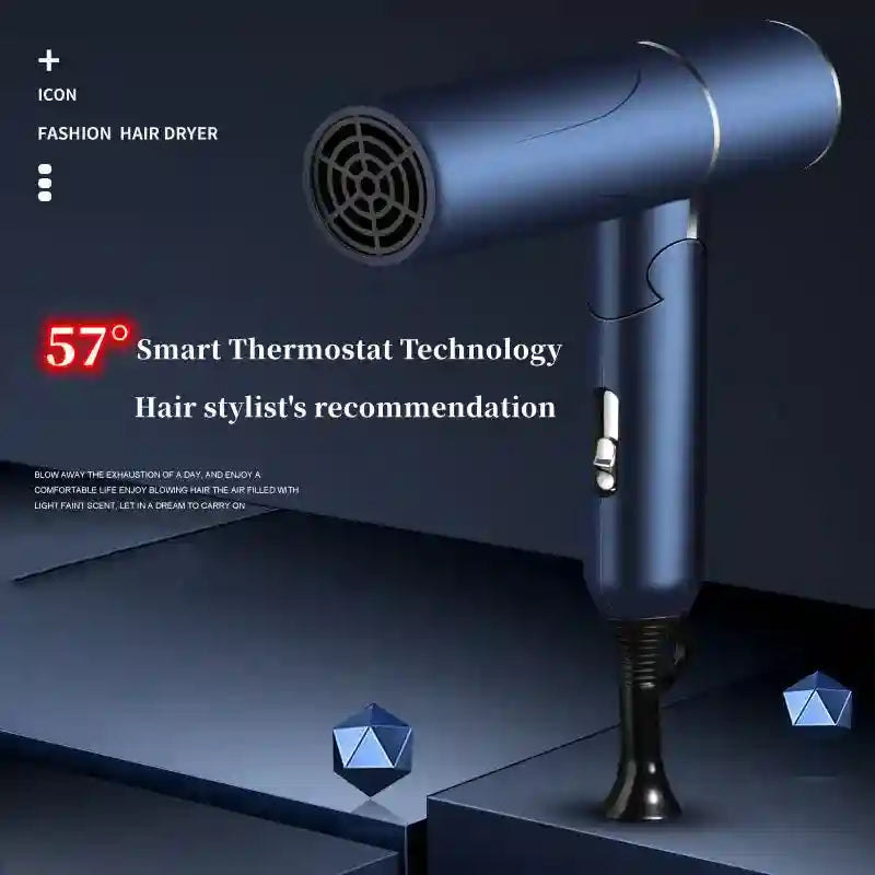 Foldable blue ionic hair dryer with 1200W fast drying, 57°C smart thermostat technology, and sleek modern design.