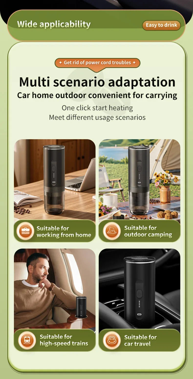 Portable black electric coffee maker for car, home, and camping, featuring one-click heating and cordless design.