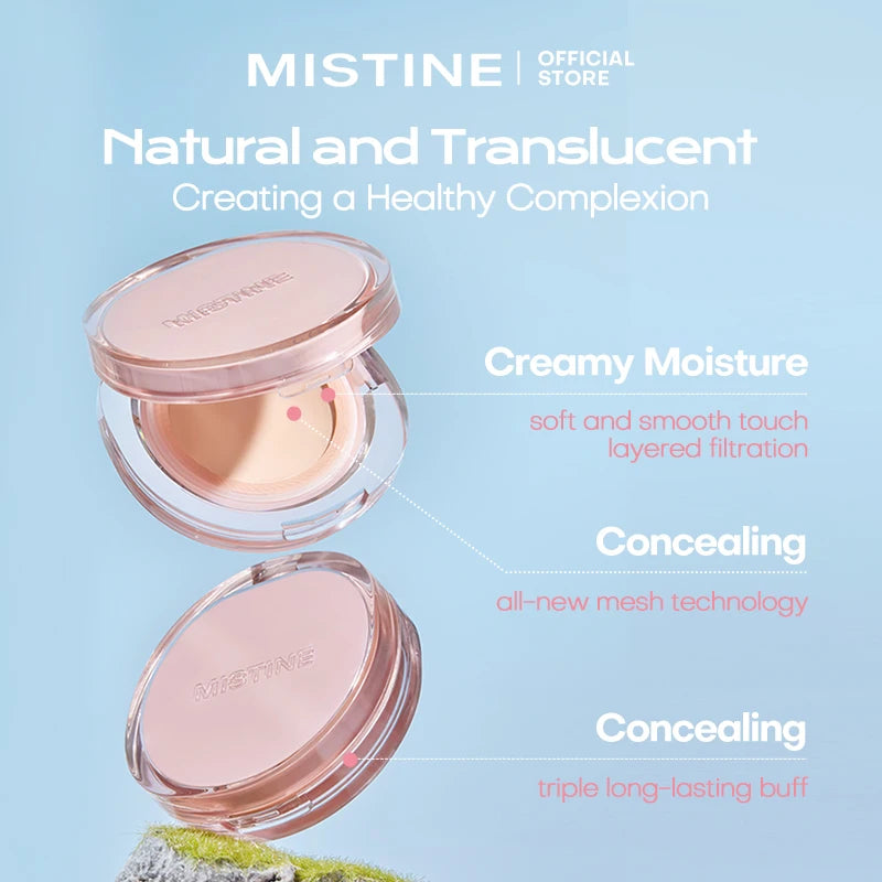 Tidesmit Mistine air cushion foundation for combination skin texture close-up with dewy natural moisturizing finish