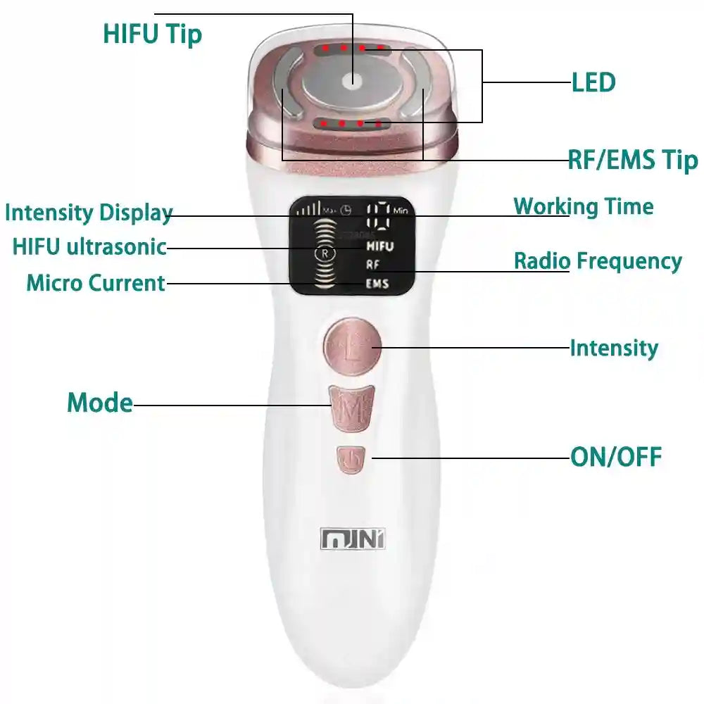 White and rose gold facial device with LED tips, digital display, and three control buttons for HIFU/EMS skin care.