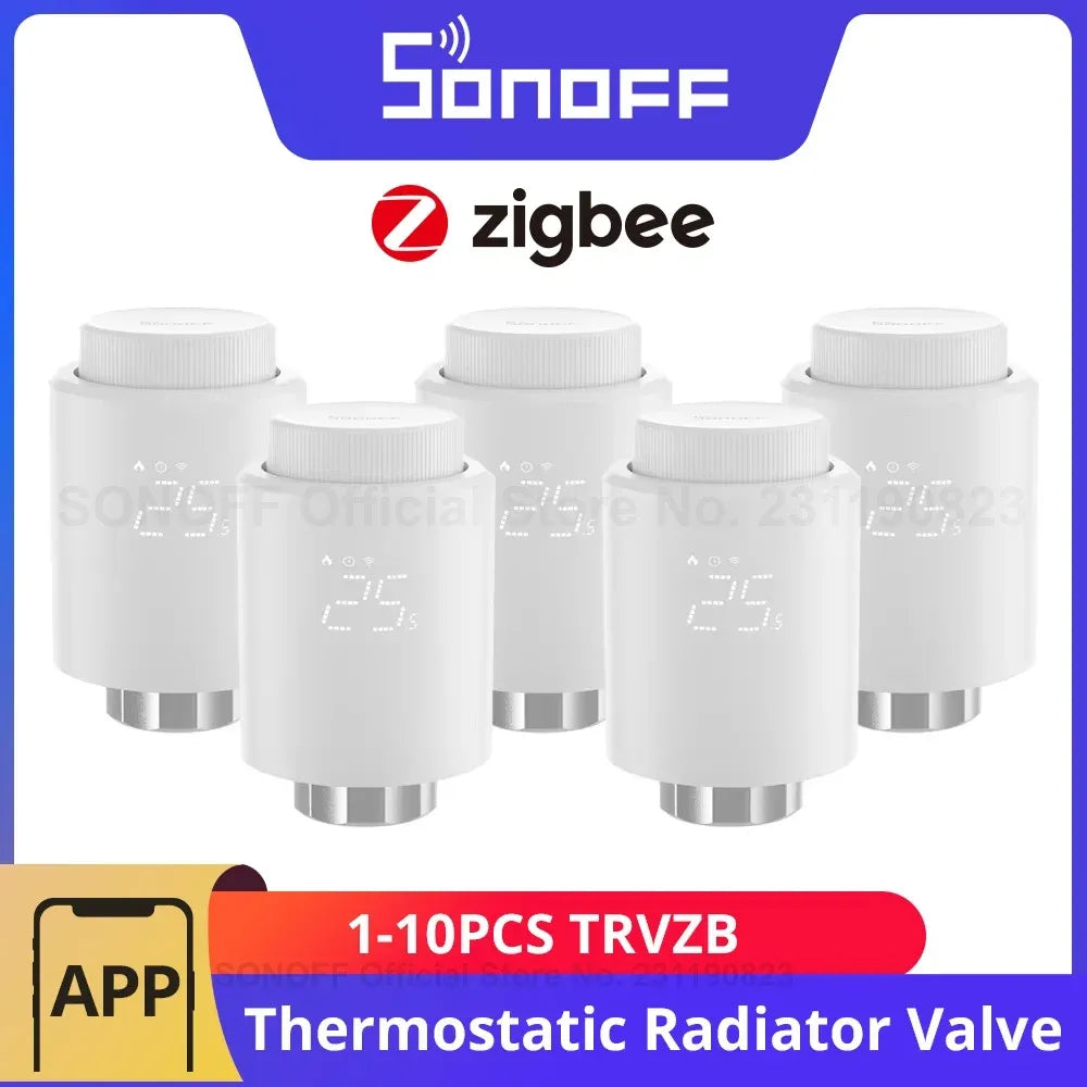 Set of white SONOFF Zigbee thermostatic radiator valves with digital display caps