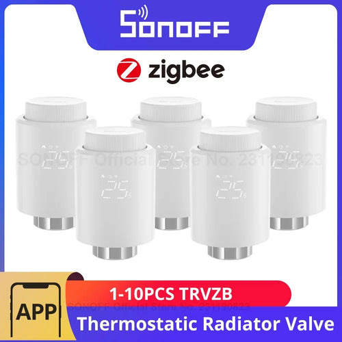 Set of white SONOFF Zigbee thermostatic radiator valves with digital display caps