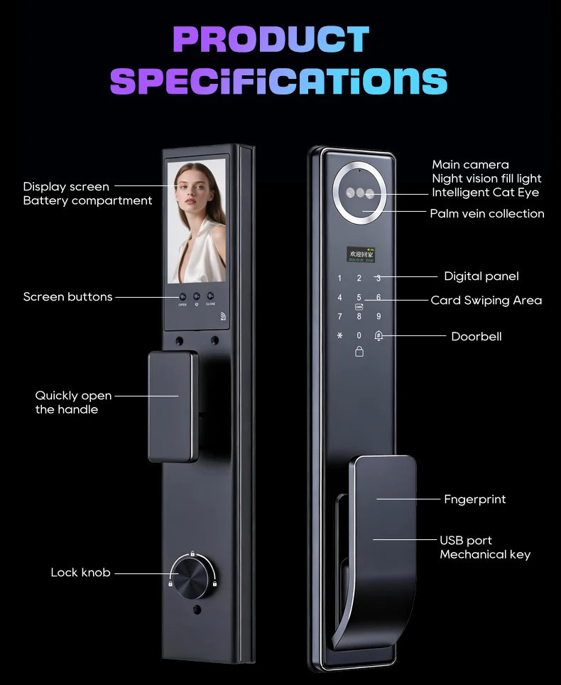 Tuya APP 3D Face Recognition Unlock Digital Door Lock With Camera FIngerprint Password Unlock Keyless Electronic Door Lock