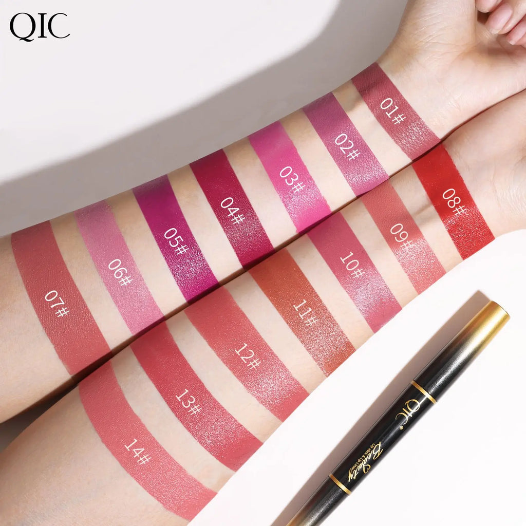 QIC 2-in-1 waterproof matte lipstick and lip liner pencil with a variety of colorful skin swatches on an arm.
