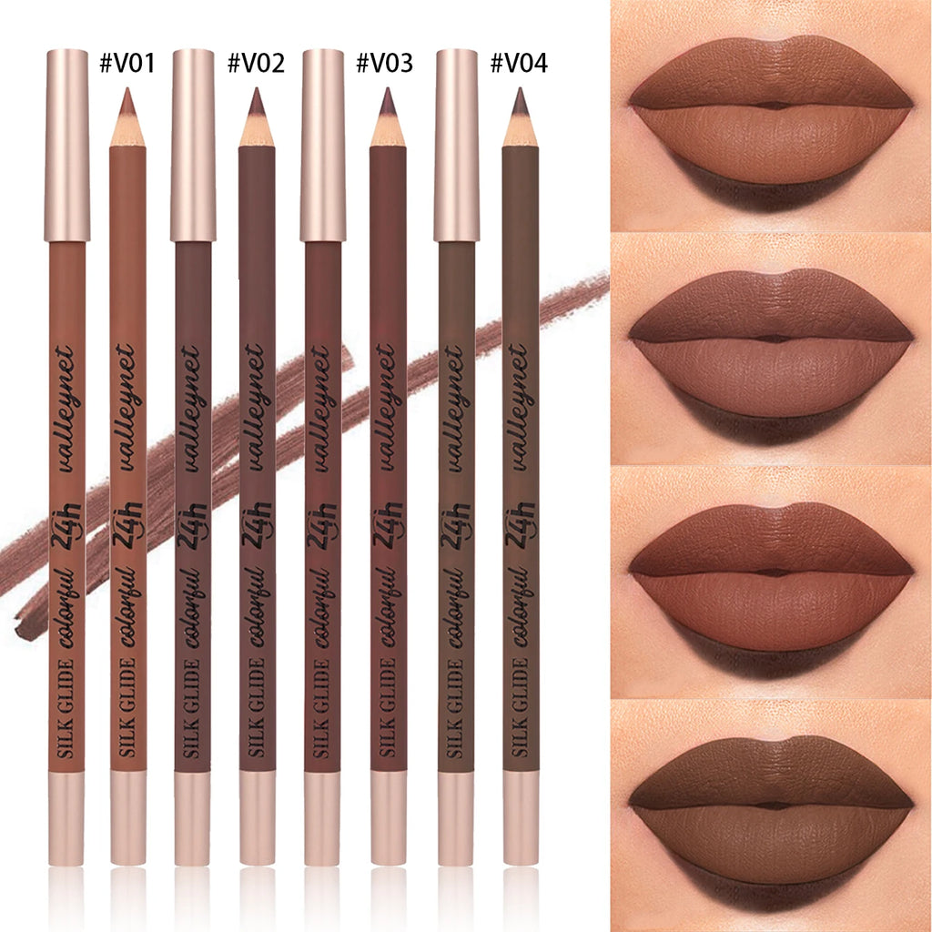 4-piece brown matte lip liner set. Creamy, long-lasting, waterproof, highly pigmented velvet finish lip makeup.