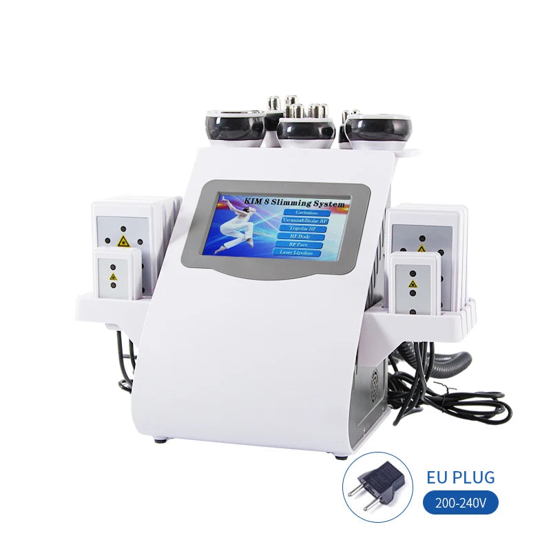 White 6-in-1 body slimming machine with touch screen, multiple therapy heads, and an EU plug on a white background.