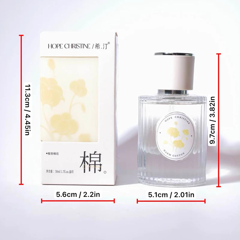 Hope Christine Warm Cotton unisex perfume, fresh floral scent in a ribbed glass bottle. Long-lasting niche fragrance.