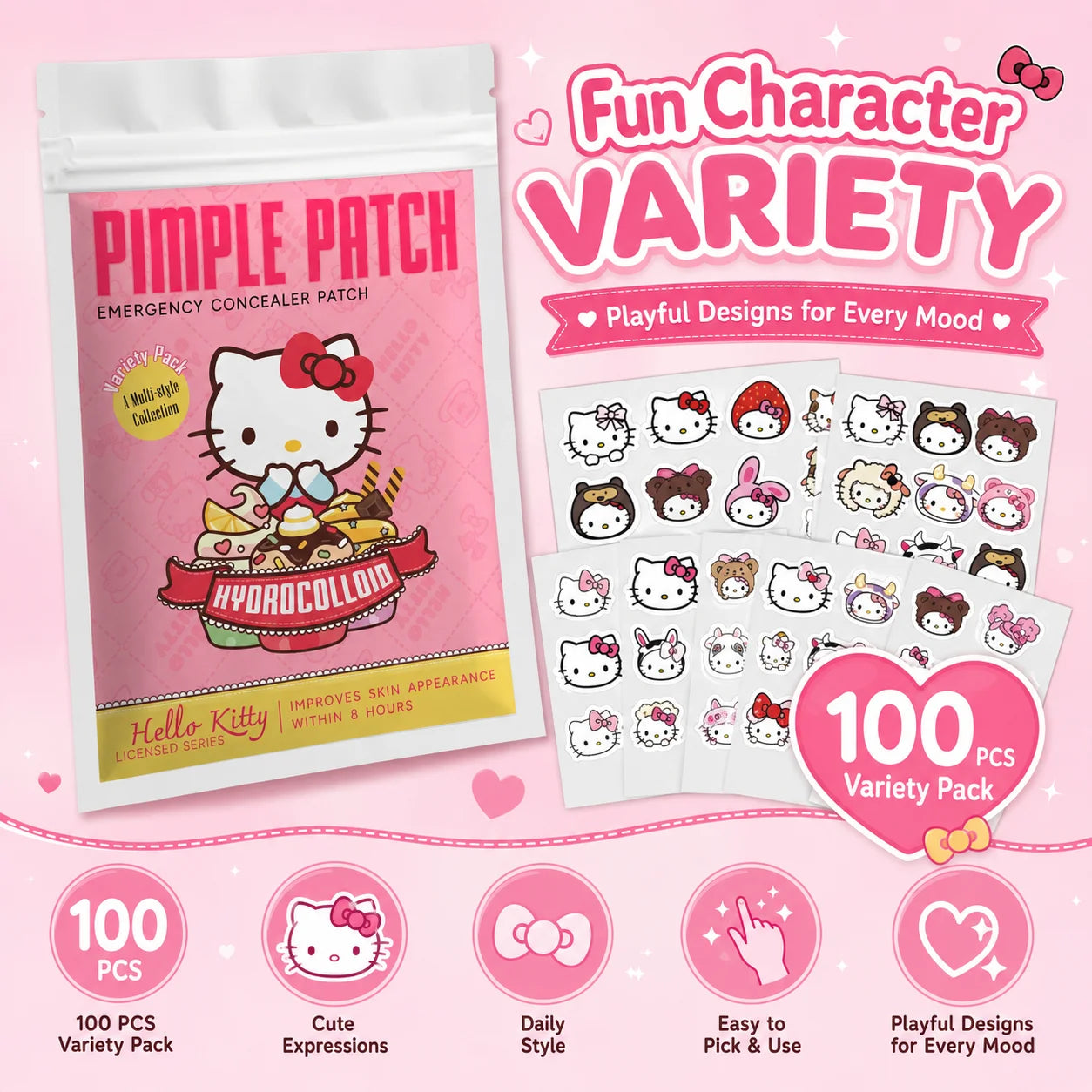 100PCS hello kitty Acne patches, facial acne patches, hydrogel acne removal patches, concealer