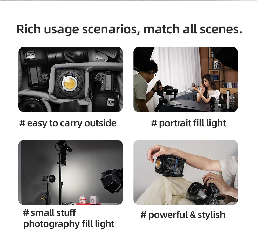 A compact, black square LED photography light with a yellow center lens, shown in various professional lighting setups.