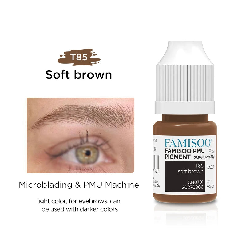 T85 Soft Brown PMU pigment in a 5ml squeeze bottle for microblading and machine eyebrow tattooing.
