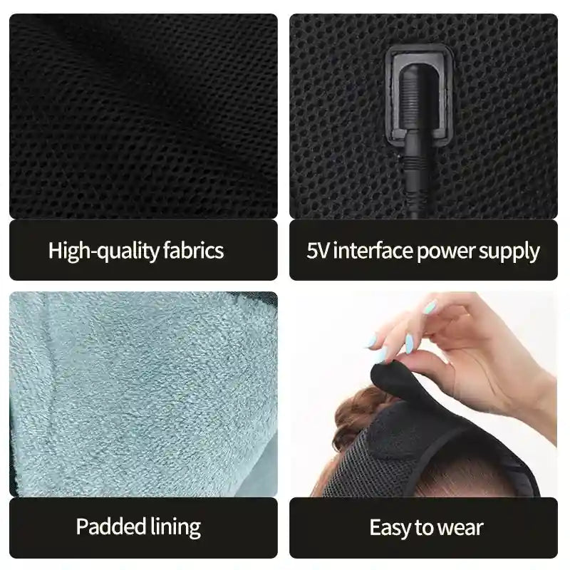 Four-panel collage showing a black mesh electric heated face pad with blue plush lining, power port, and velcro strap.