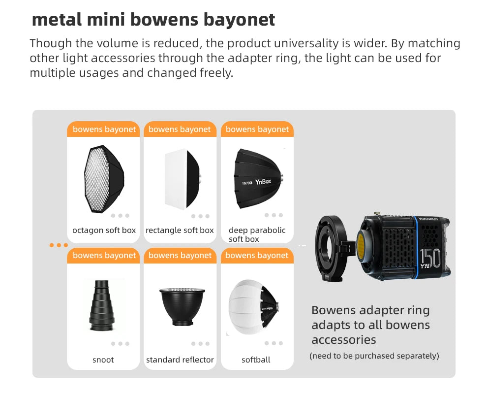 Metal mini Bowens adapter ring for attaching softboxes, reflectors, and snoots to compact studio lighting fixtures.
