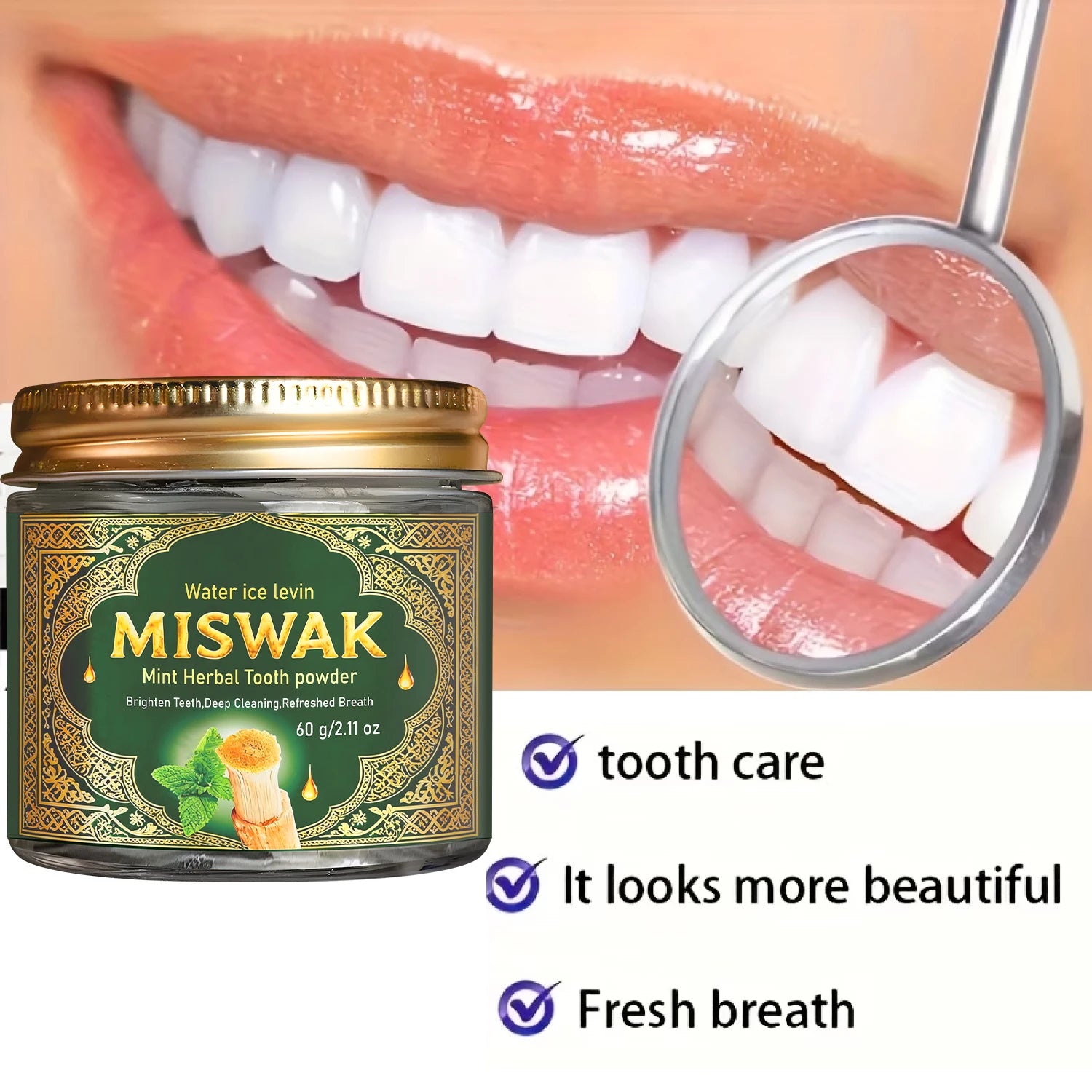 Tidesmit Miswak Mint herbal tooth powder for deep teeth whitening, brightening, and fresh breath.