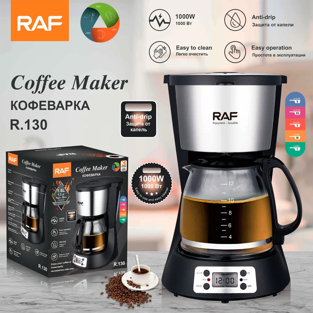 RAF 1.5L programmable coffee maker, black and stainless steel, 1000W, glass carafe with cup markings.