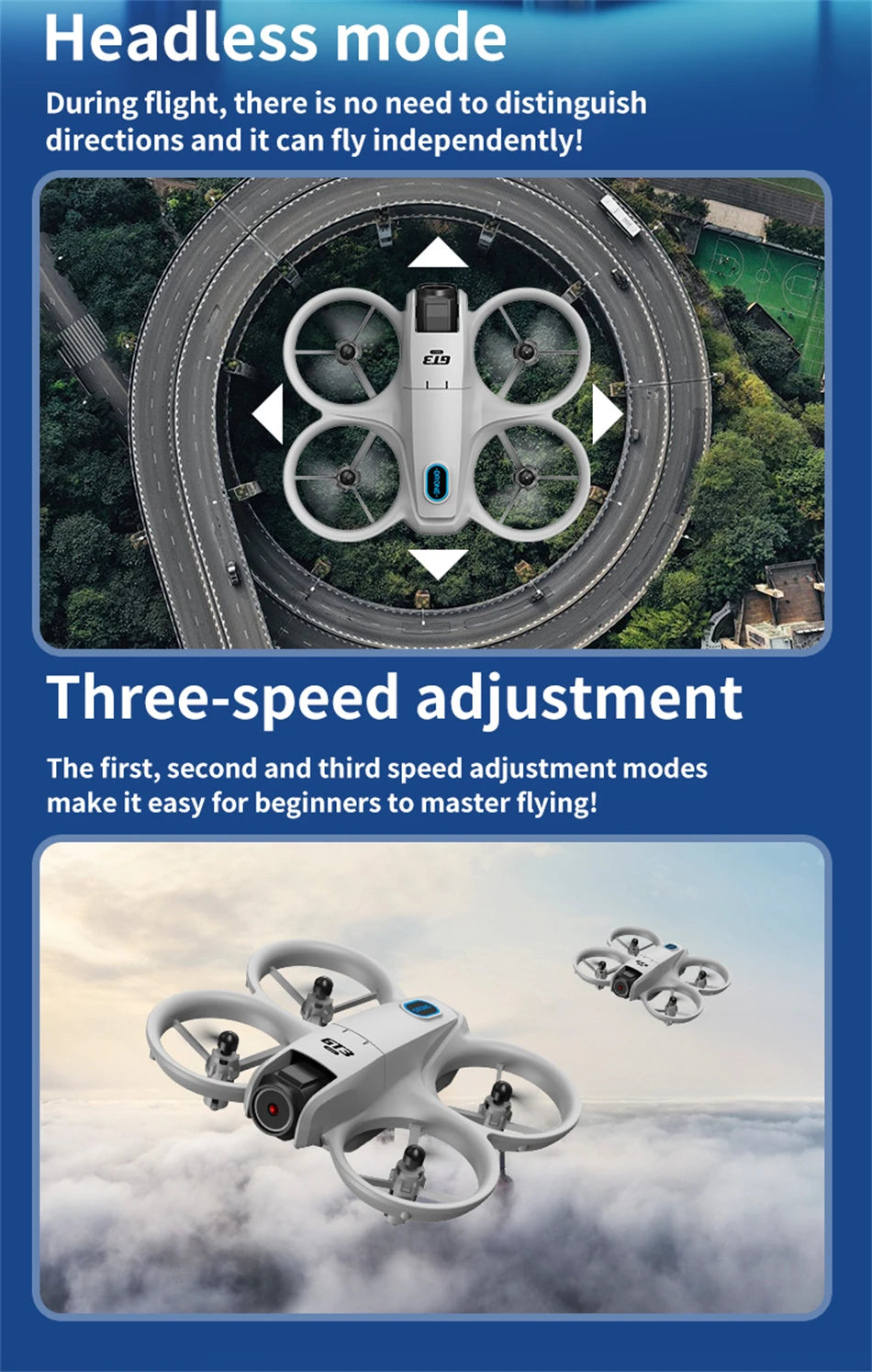 Light gray E19 quadcopter drone with four propeller guards, designed for aerial flight with beginner-friendly features.