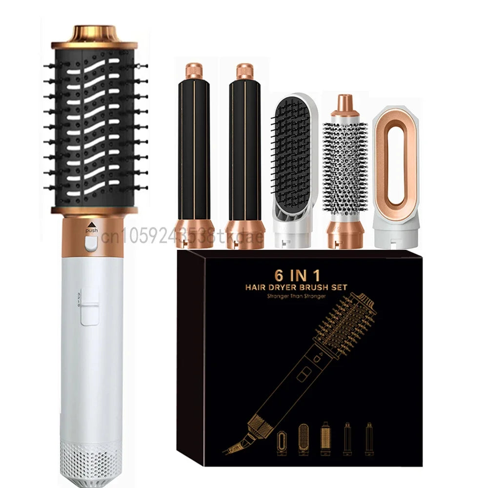 6-in-1 professional hair dryer brush set, white and rose gold with curling, straightening, and drying attachments.