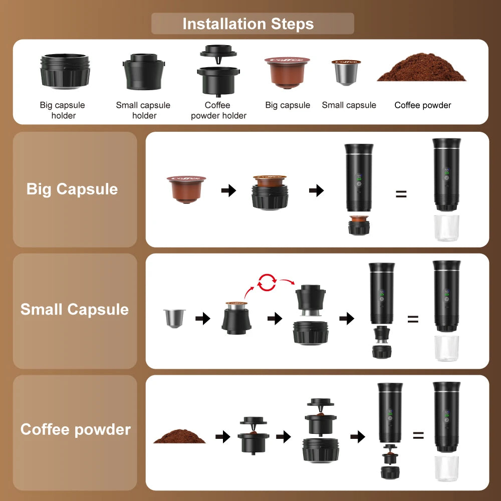 Installation guide for black portable espresso maker using coffee capsules or ground coffee with various holders.