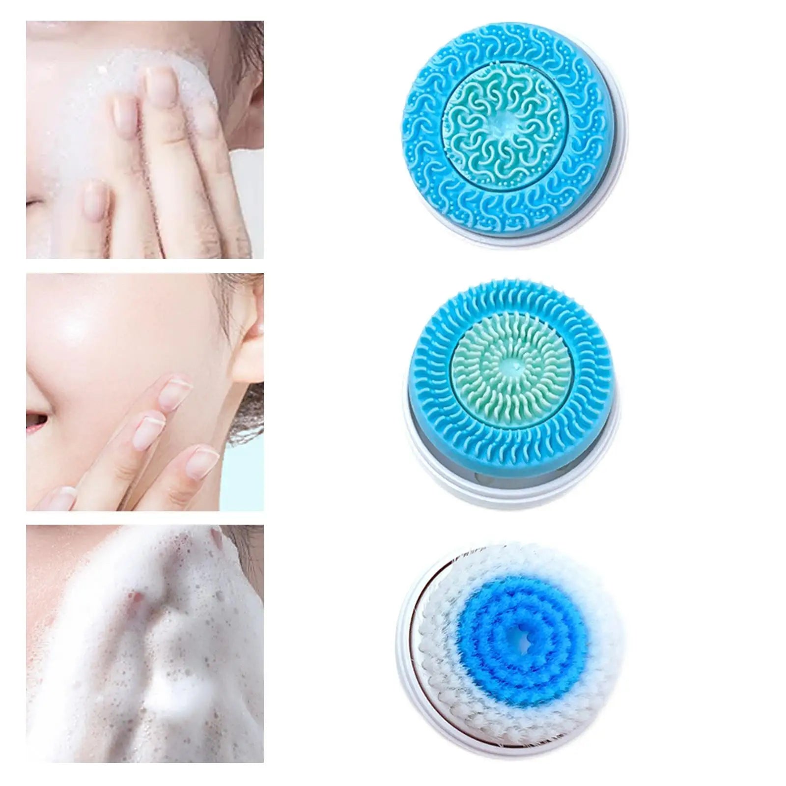 Three facial cleansing brush heads: one patterned silicone, one bristle silicone, and one soft nylon bristle brush.