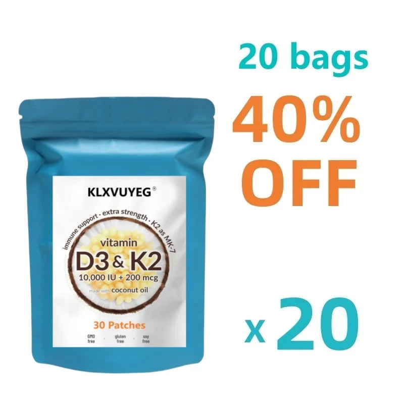 Tidesmit Vitamin D3 10000 IU plus K2 complex for bone, heart, and immune health support in a 20-bag discount bundle.