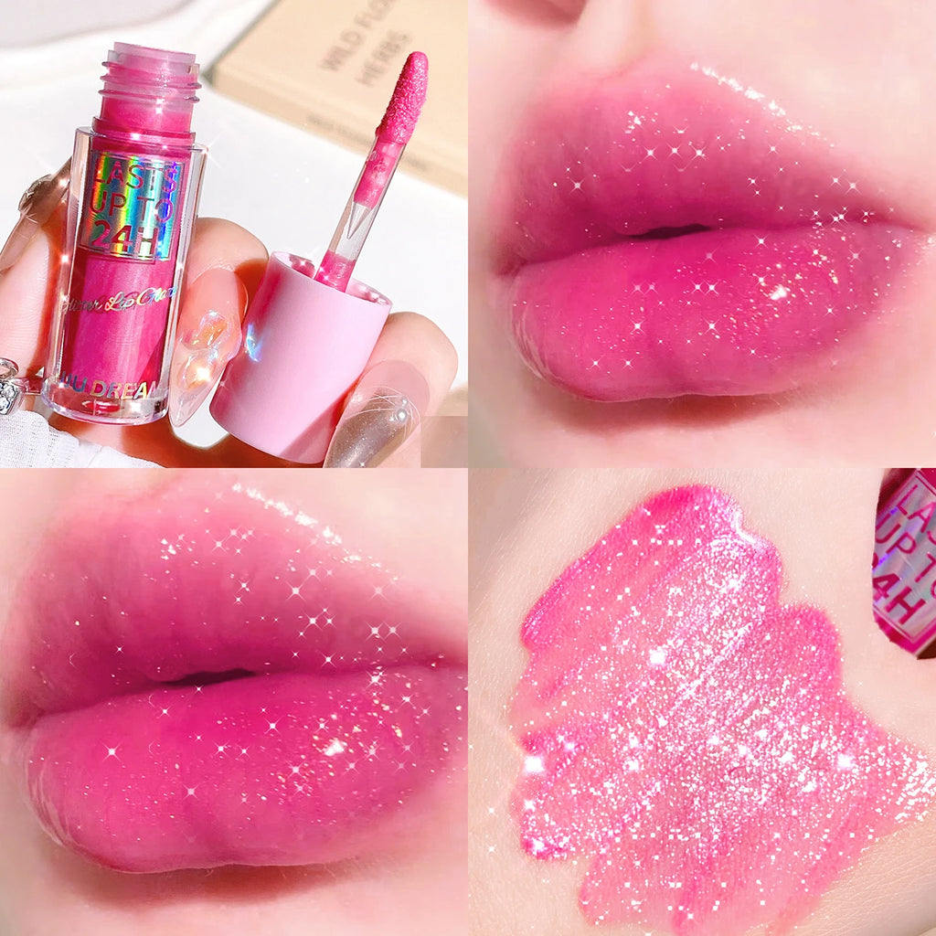 Long-lasting, waterproof pink glitter lip glaze with a high-shine glossy finish and moisturizing lip oil texture.