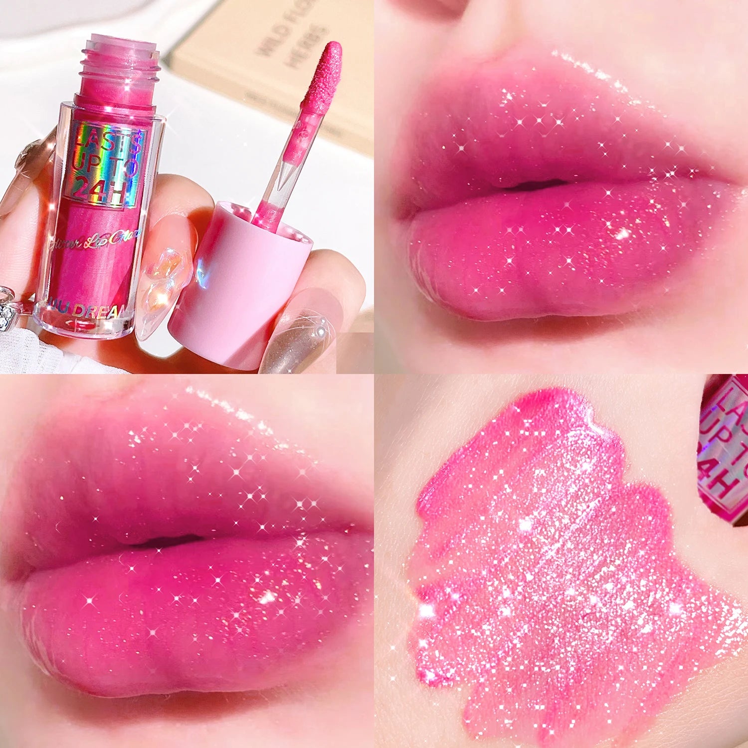 Long-lasting, waterproof pink glitter lip glaze with a high-shine glossy finish and moisturizing lip oil texture.