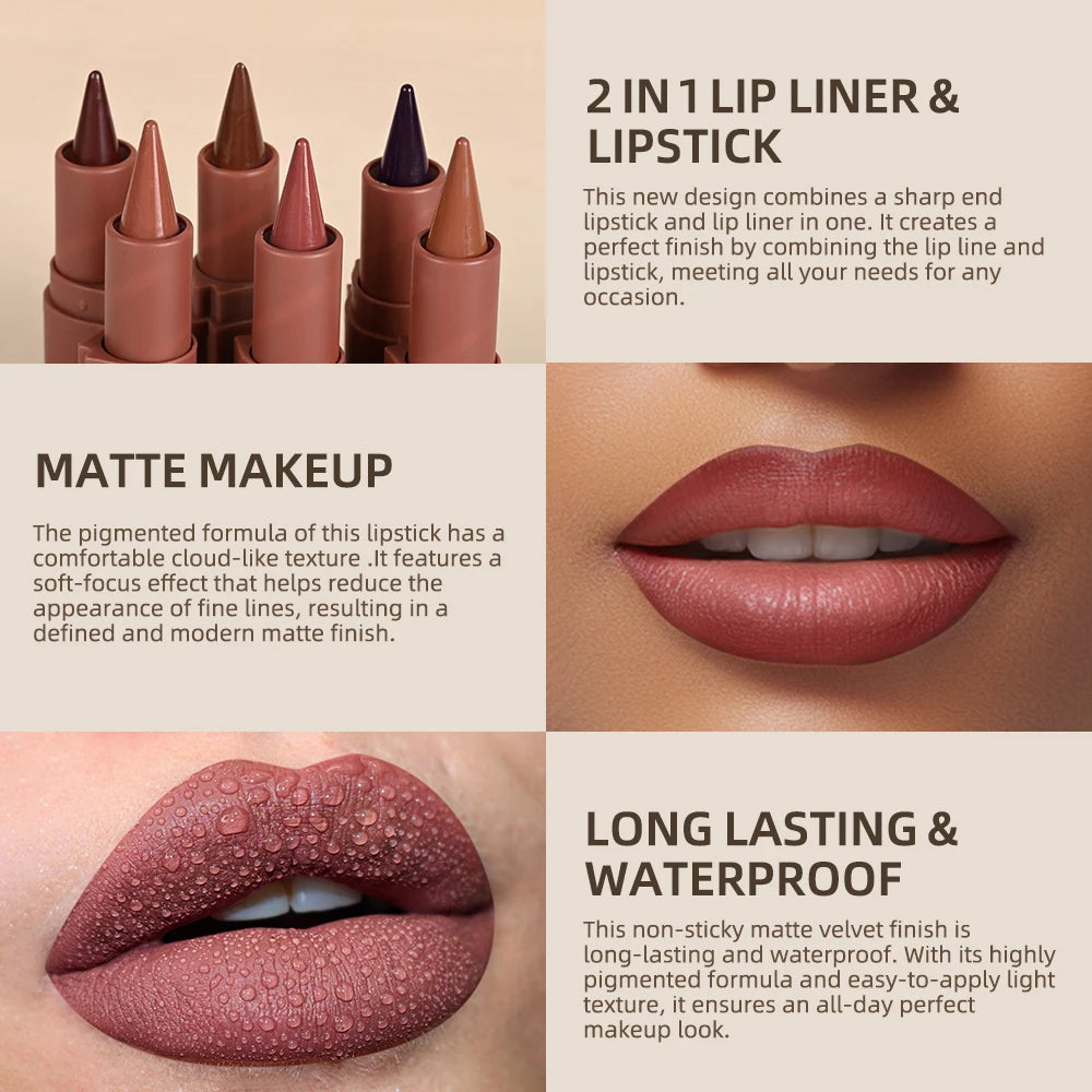 2-in-1 waterproof matte lipstick and lip liner pencil in red-brown shades with a long-lasting, velvet finish.