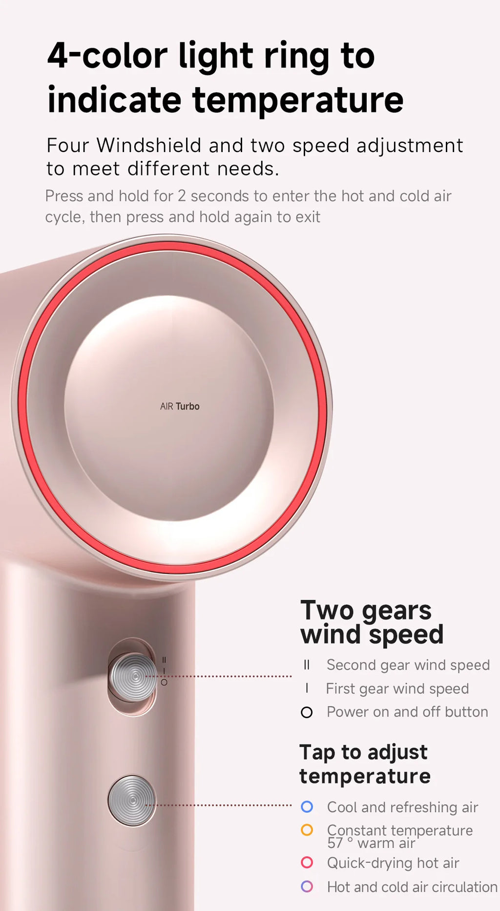 DOCO high-speed hair dryer in pink with 4-color temperature LED ring, speed settings, and intuitive control buttons.