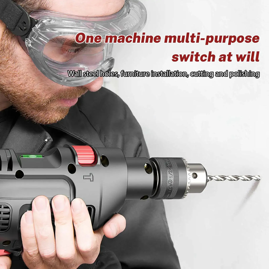Handheld electric screwdriver drill with mounted drill bit and side accessory