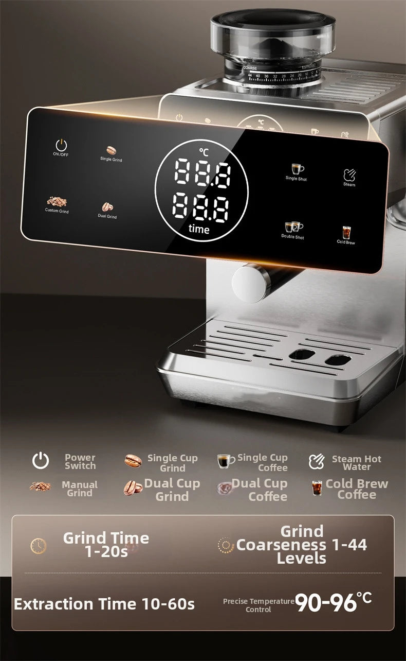 Stainless steel espresso coffee machine with digital LED touch display, grind control, and precise temp settings.