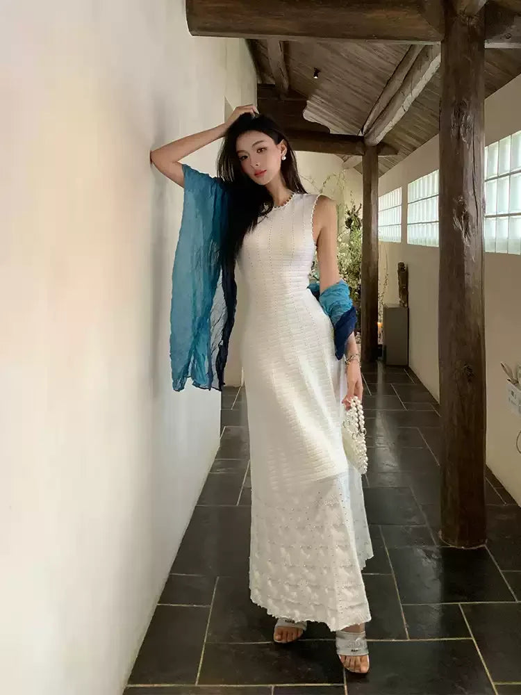 CHUJIE 2025 Summer 3-Piece French Style Set - Knit Maxi Dress + Sleeveless Top + Cover-Up, Pearl & Hollow Out, Viscose+Nylon