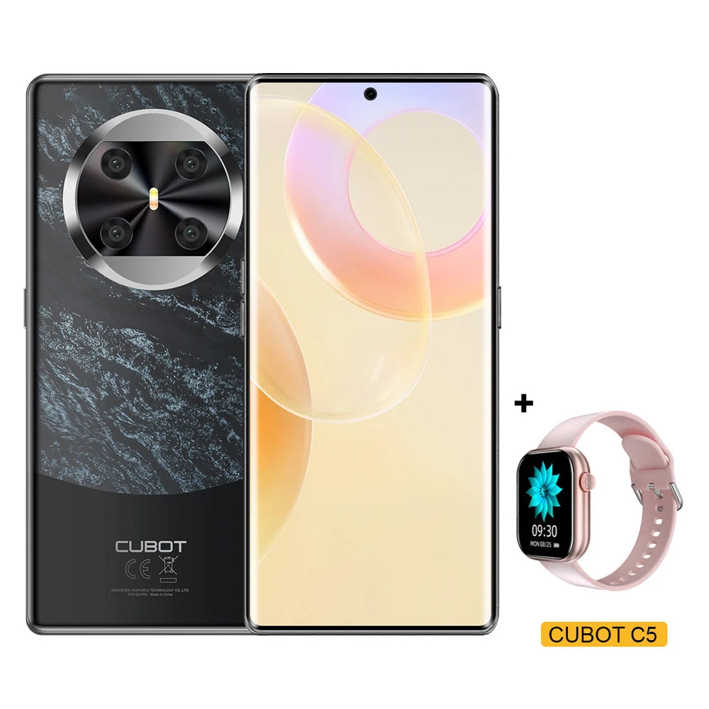 Cubot X90 black marble smartphone with 100MP camera and curved screen, bundled with pink Cubot C5 smartwatch.