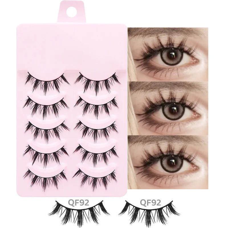 Five pairs of black, wispy Manga-style false lashes on a pink tray, shown applied to create a doll-eye makeup look.