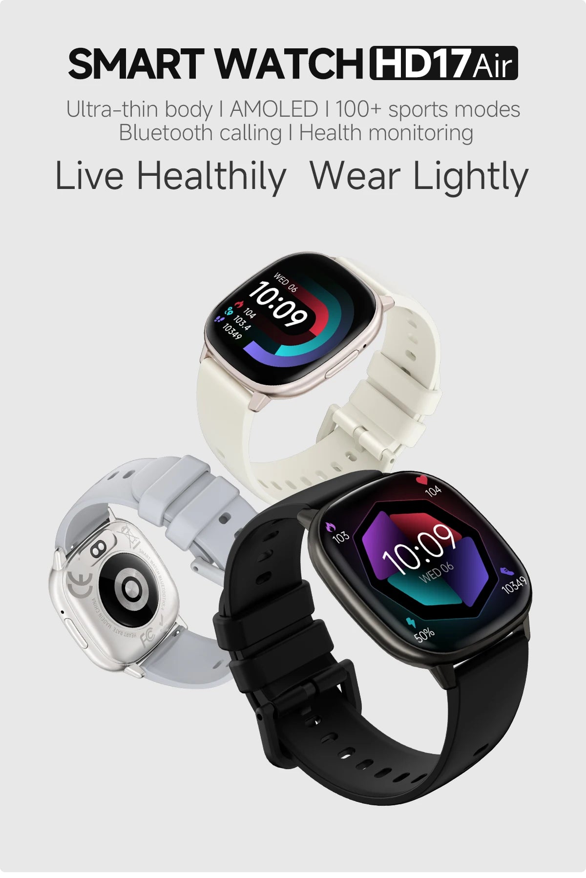 2026 New Fashion HD17 Air Smart Watch for Unisex Breathing Training Heart Rate Sleep Pressure Monitoring Waterproof BT Calling