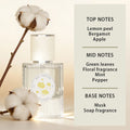 Warm Cotton perfume in a clear, ribbed glass bottle with a white cap, surrounded by white cotton boll branches.