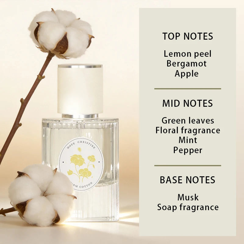 Warm Cotton perfume in a clear, ribbed glass bottle with a white cap, surrounded by white cotton boll branches.