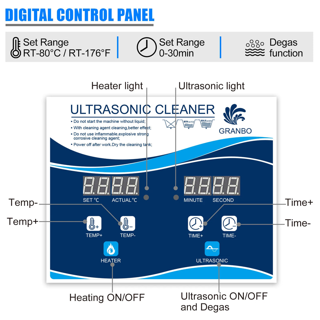 Tidesmit 1.3L digital ultrasonic cleaner with heater and degas function cleaning rings and glasses, side angle view.