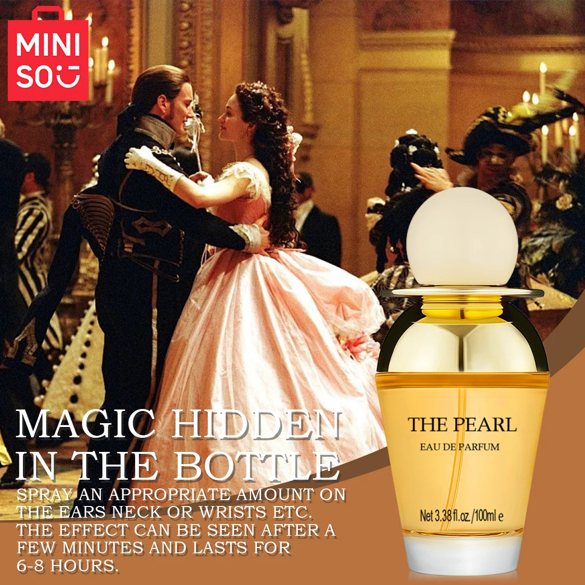 MINISO The Pearl 100ml EDP: Luxury floral Eau de Parfum for women in a chic, gold-capped glass bottle.