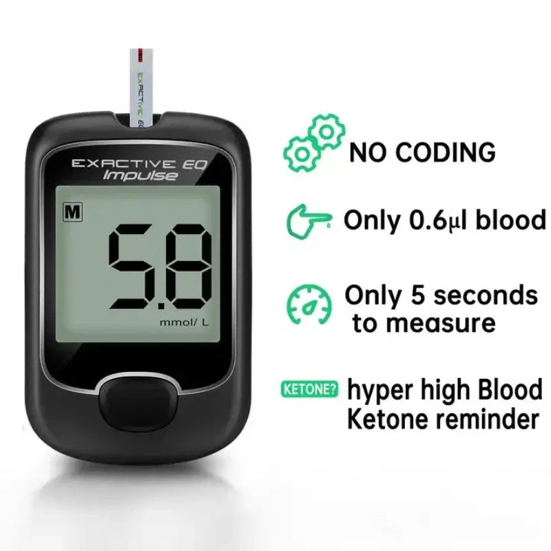 EXACTIVE EQ Impulse blood glucose meter with test strip, LCD display, fast 5s testing, and ketone alert feature.