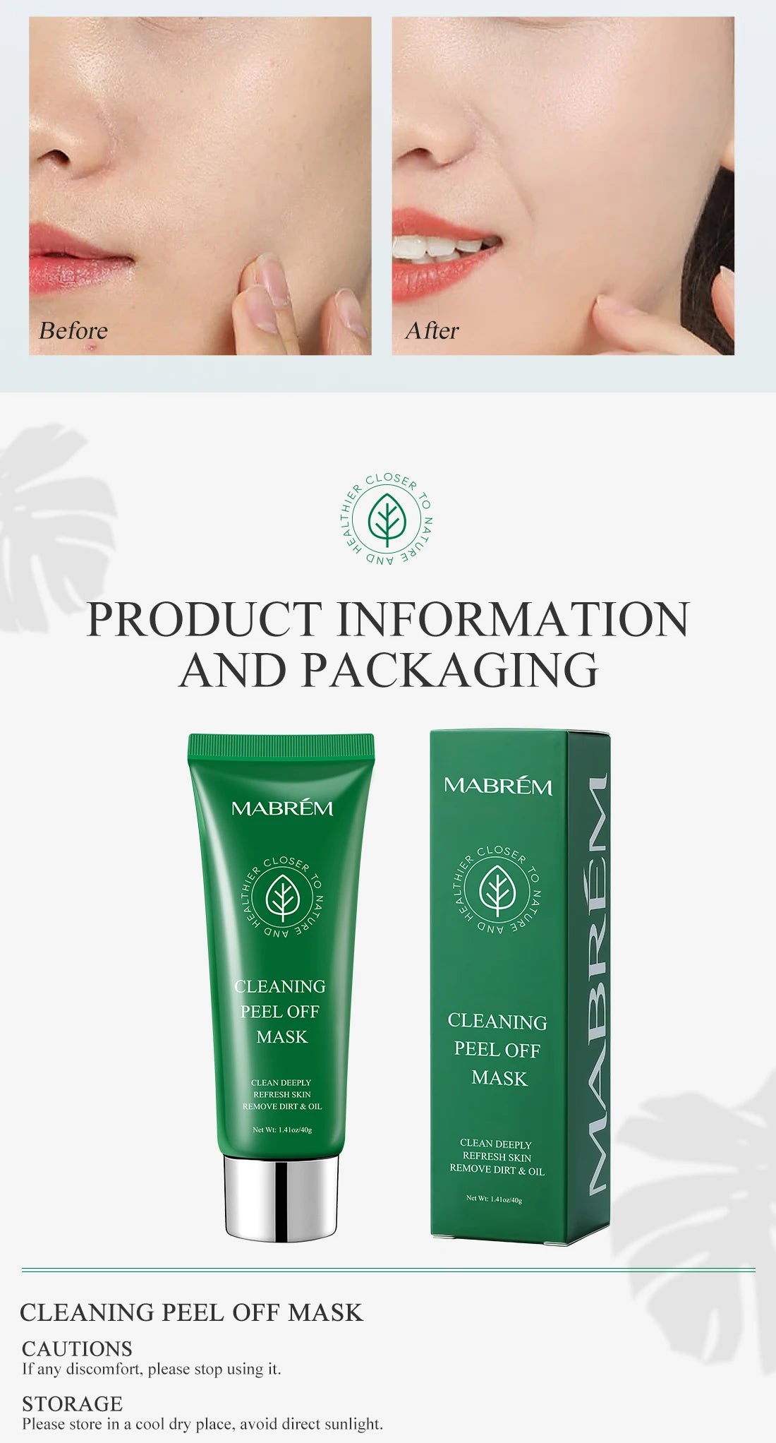 Mabrem green peeling mask tube and box with "before and after" close-ups showing improved facial skin texture.