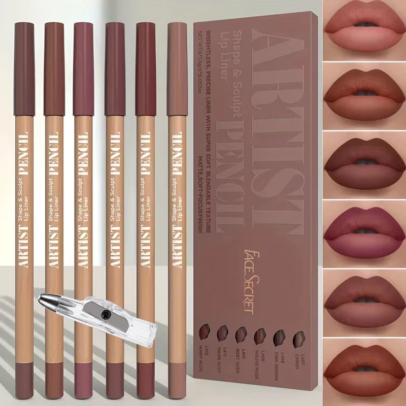 7-piece matte lip liner set with pencil sharpener in assorted nude and mauve shades for long-lasting lip makeup.