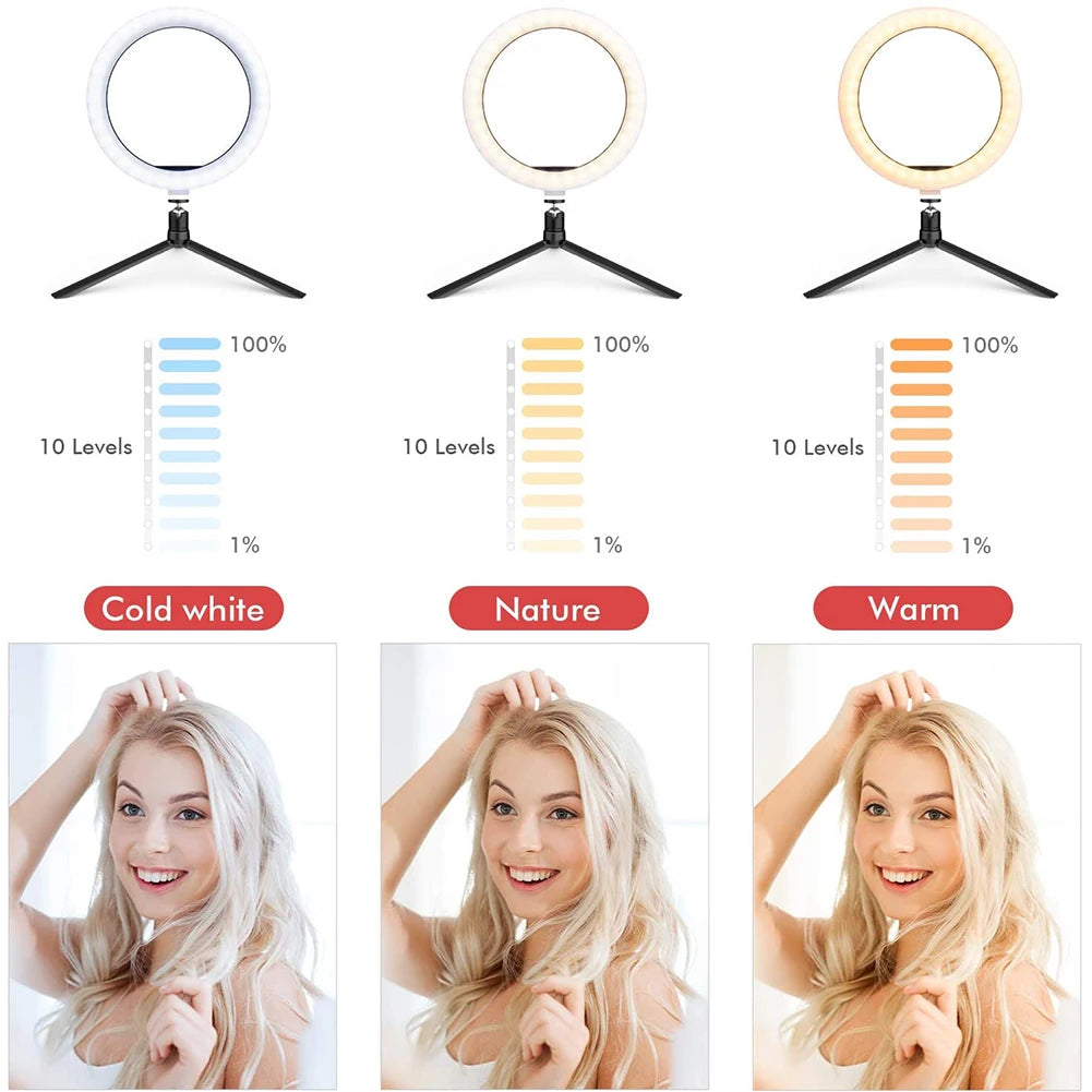 Round ring light on a tripod stand with 10 adjustable brightness levels and cold, natural, and warm lighting settings.