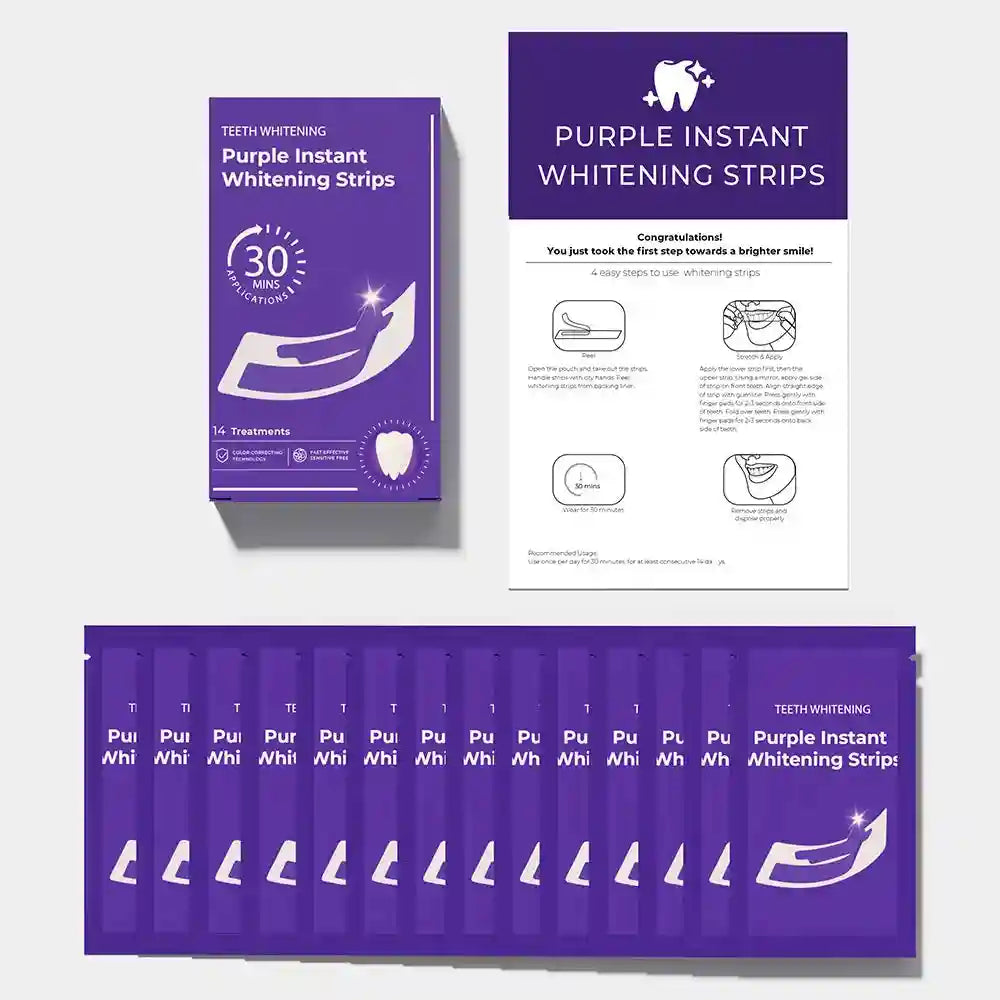 Tidesmit purple teeth whitening strips for sensitive teeth for instant color correction and at-home bleaching