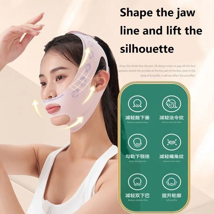Pink slimming double chin mask bandage for face lifting, jawline shaping, and anti-aging skin tightening support.