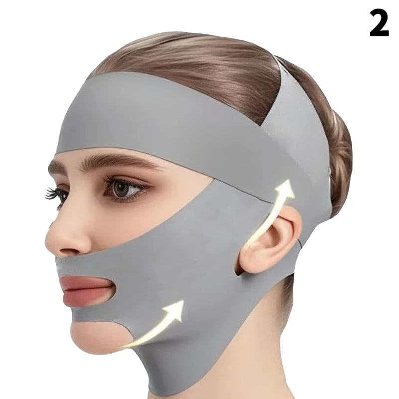 Grey double-deck V-line face slimming bandage strap for facial lifting and double chin tightening.