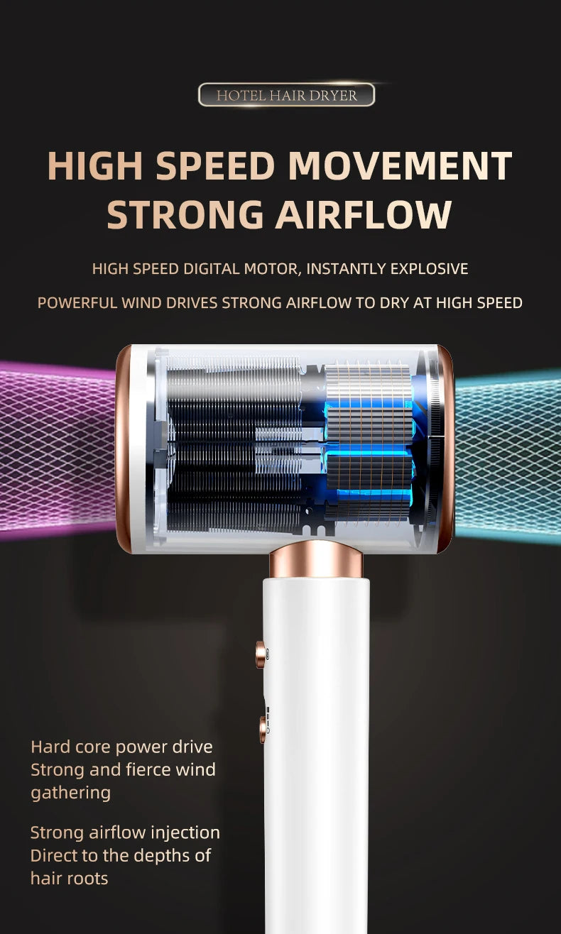 High-speed white and rose gold wall-mounted hair dryer with digital motor and blue light hair care technology.